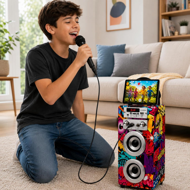 Dynamic Karaoke-Maschine, tragbarer Karaoke-Lautsprecher mit 2 Mikrofonen, Bluetooth-Lautsprecher, U