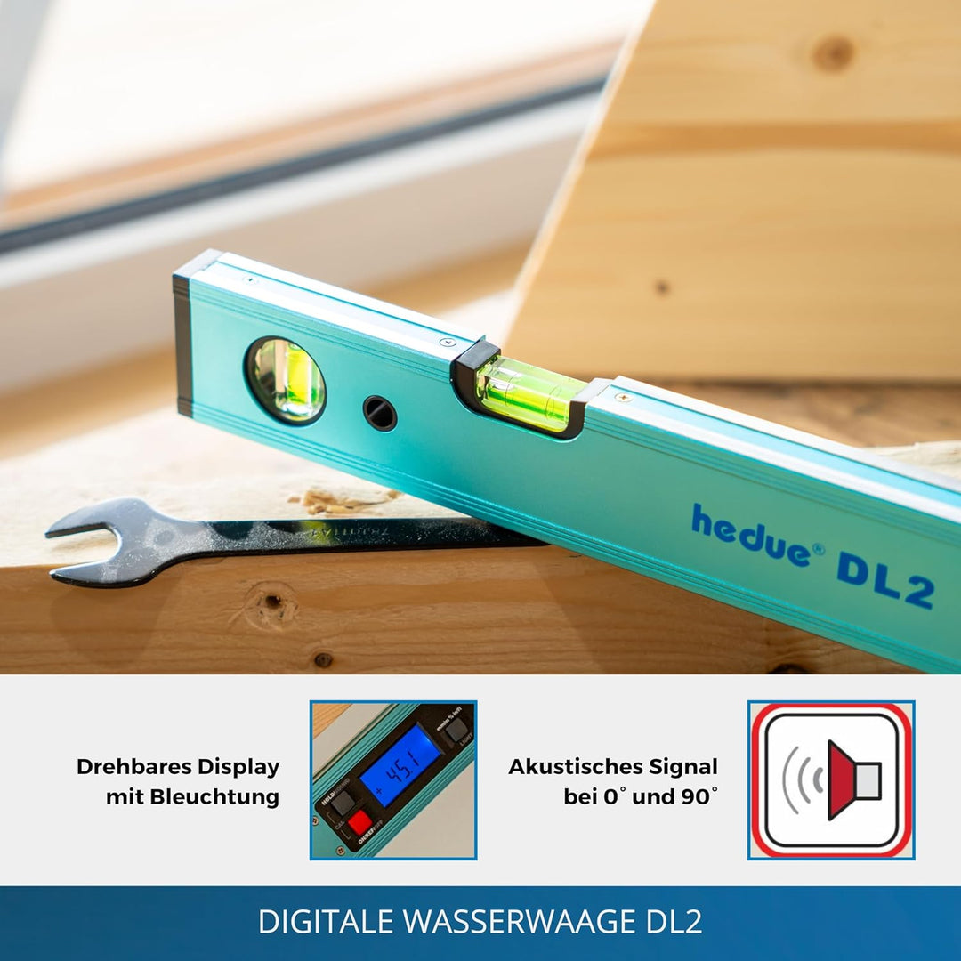 hedue® Digitale Wasserwaage DL2 - Wasserwaage 60 cm mit beleuchtetem LCD-Display, Neigungsmesser in