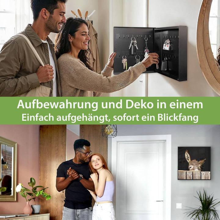 banjado® Grosser Schlüsselkasten Glas/Schlüsselbox 30cm x 30cm mit 50 Haken - Motiv Esel/Schlüsselka
