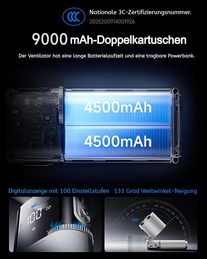 Tragbarer Handventilator mit Turbo-Lüfter und Eiskühlung, 9000mAh handventilator akku aufladbar, 100