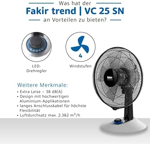 Fakir trend VC 25 N – Tischventilator mit 90° Oszillation, 4 Stufen & LED-Drehschalter, Ventilator l
