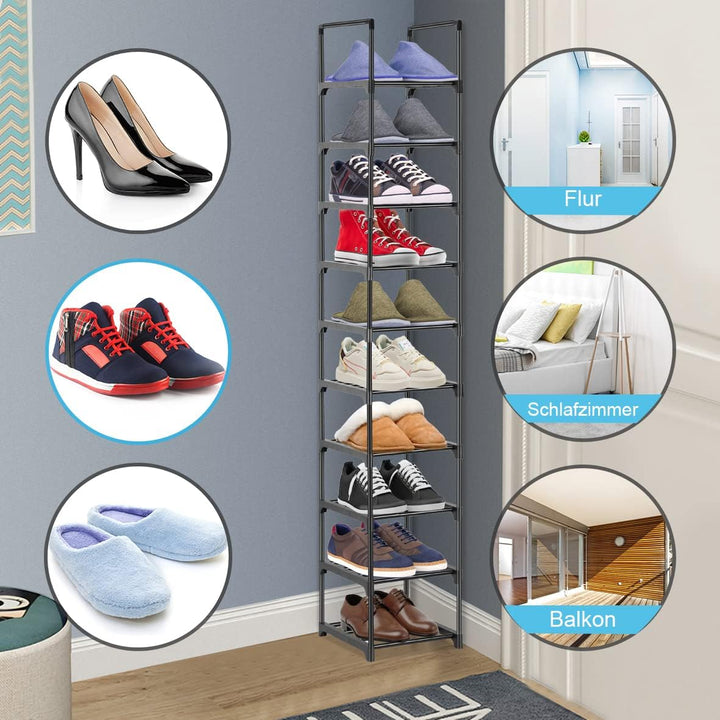 Hossejoy Schuhregal mit 10 Ablagen, Metall Schuhschrank Hoch Schmal, Multifunktional Schuhablage Sch
