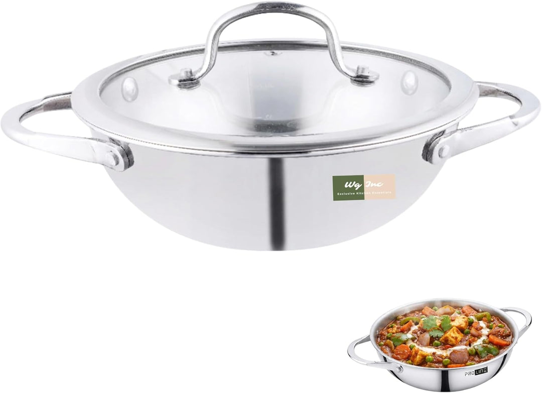 Edelstahl-Wok mit Deckel, Triply Kadhai, dreifach 22 cm grosse Pfanne zum Braten, Eintöpfe, Saucen,