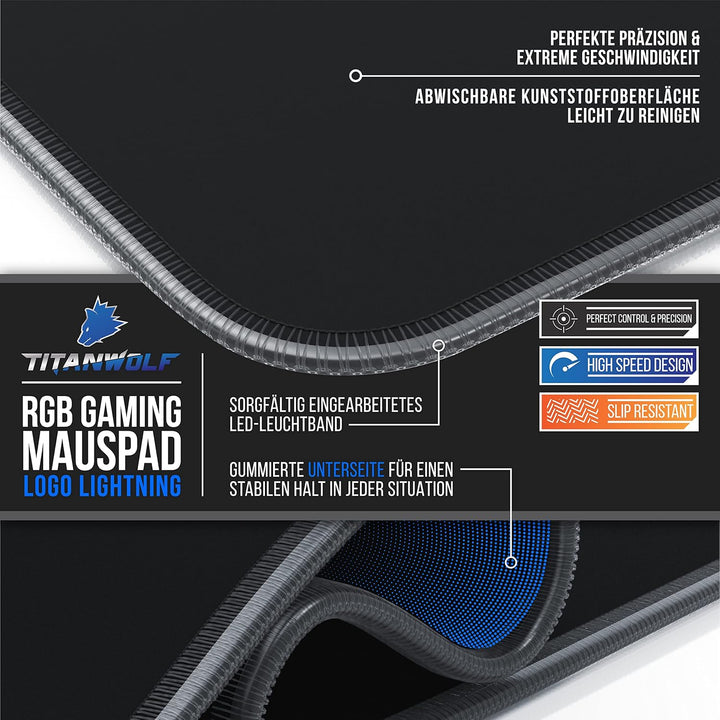 TITANWOLF - XXXL RGB Gaming Mauspad – 1200 x 600 mm - Mousepad - LED Multi Color - 7 LED Farben Plus