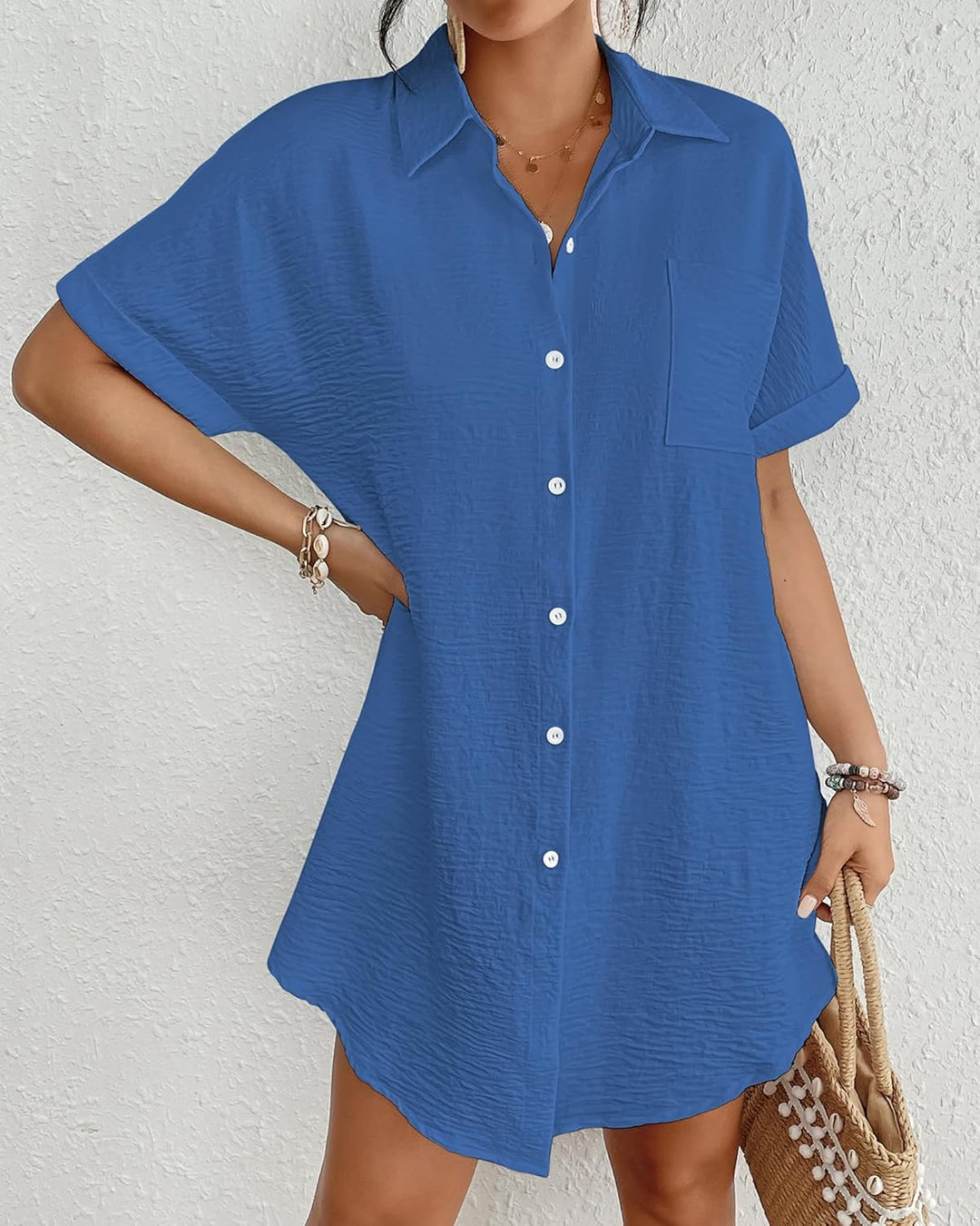 Bsubseach Frauen Badeanzug Coverup Shirt Kleid Button Down Badeanzug Cover Up Beachwear Blau M, Blau
