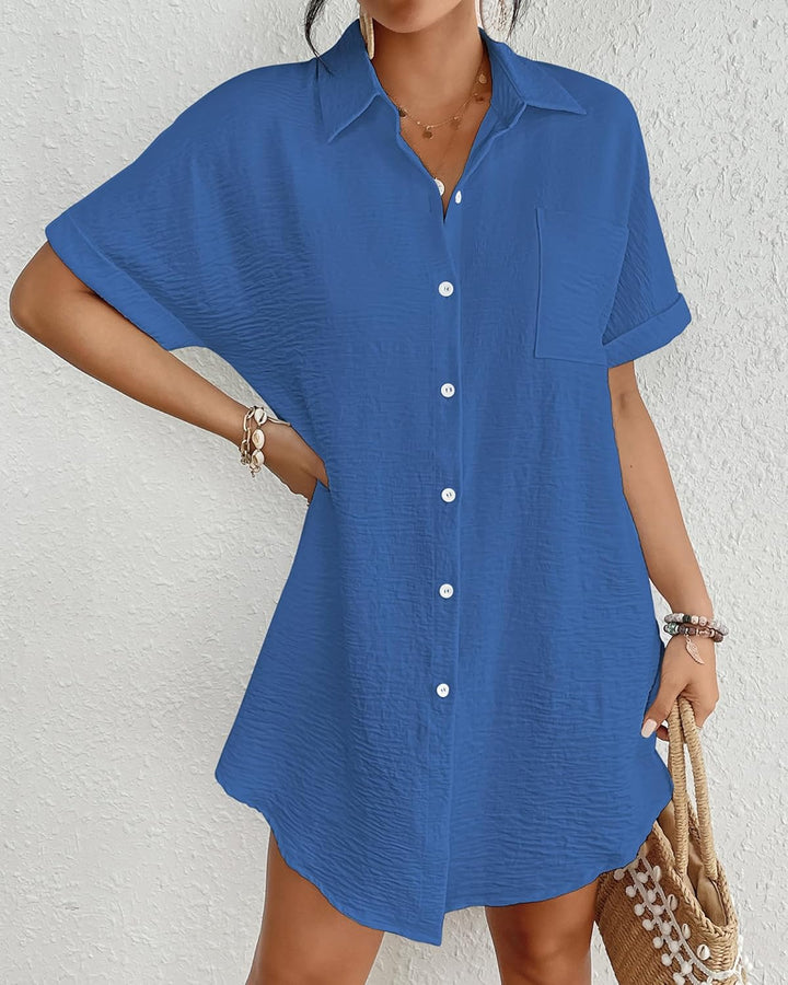 Bsubseach Frauen Badeanzug Coverup Shirt Kleid Button Down Badeanzug Cover Up Beachwear Blau M, Blau