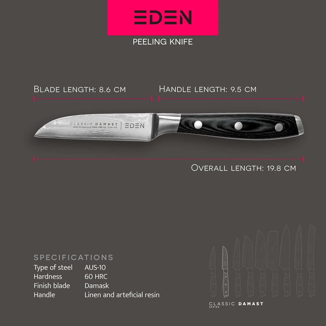 Eden Classic Damast Schälmesser 9 cm Küchenmesser EQ2030-108 Scharfes Schälmesser für Gemüse und Frü