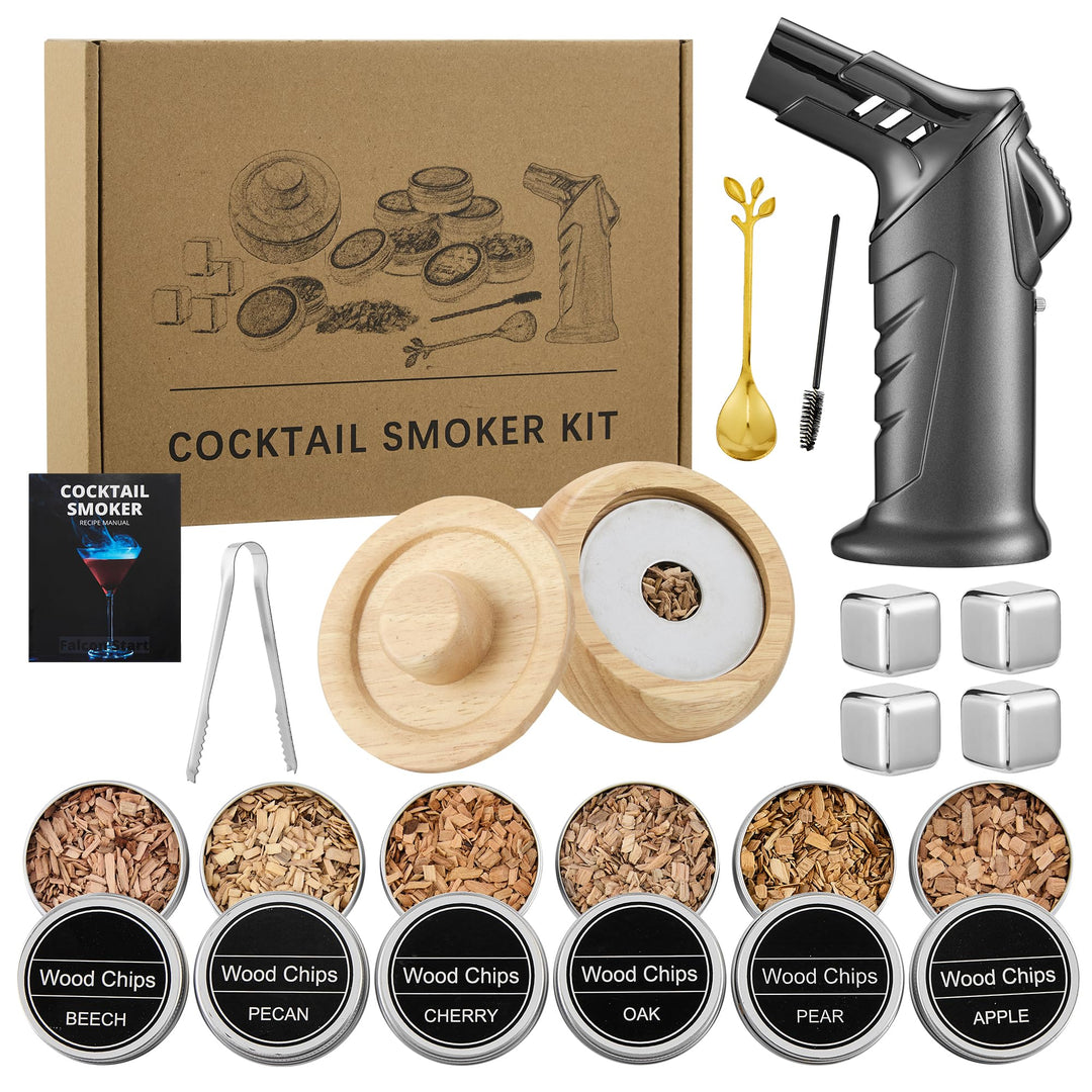 Cocktail Smoker Set – Whisky Räucher-Set mit 6 Holzchips, 4 Edelstahl-Whisky-Steinen & Verbesserter