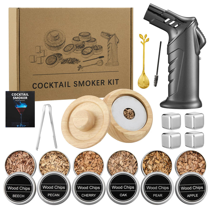 Cocktail Smoker Set – Whisky Räucher-Set mit 6 Holzchips, 4 Edelstahl-Whisky-Steinen & Verbesserter