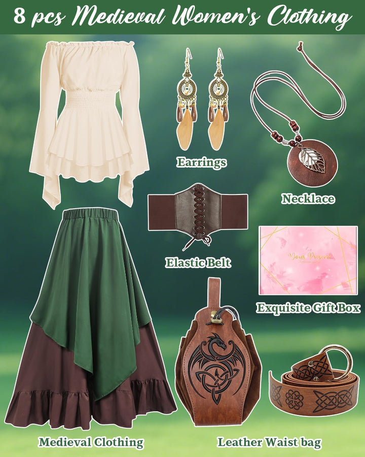 Mittelalter Kleidung Damen Set, Renaissance Kostüm und Retro Off Shoulder Bluse mit Corsett, Gürtelt