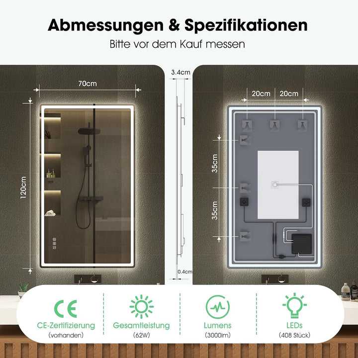 S'bagno Bluetooth-Badspiegel-mit-Beleuchtung-120x70cm, LED-Badezimmerspiegel mit Entfoggen, 3000K-65