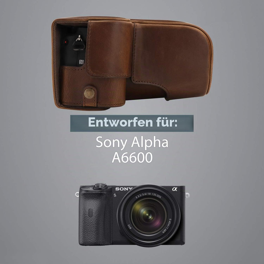 MegaGear Ever Ready Kameratasche aus Leder, kompatibel mit Sony Alpha A6600 (18–135 mm), Dunkelbraun