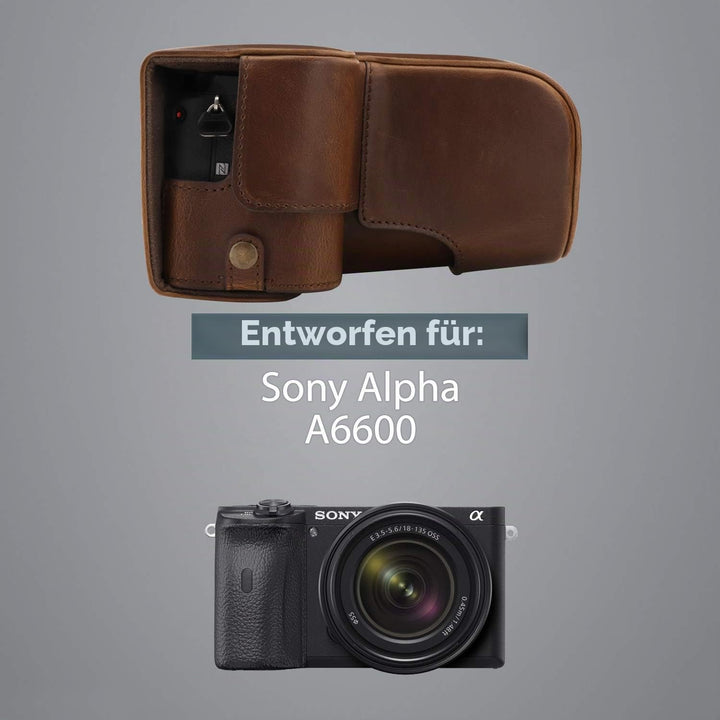 MegaGear Ever Ready Kameratasche aus Leder, kompatibel mit Sony Alpha A6600 (18–135 mm), Dunkelbraun