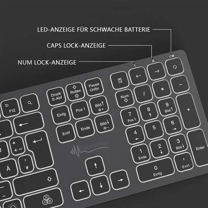 GeneralKeys Tastatur beleuchtet: Funk-Tastatur, farbige Beleuchtung, Slim, Scissor-Tasten, Akku, 2,4