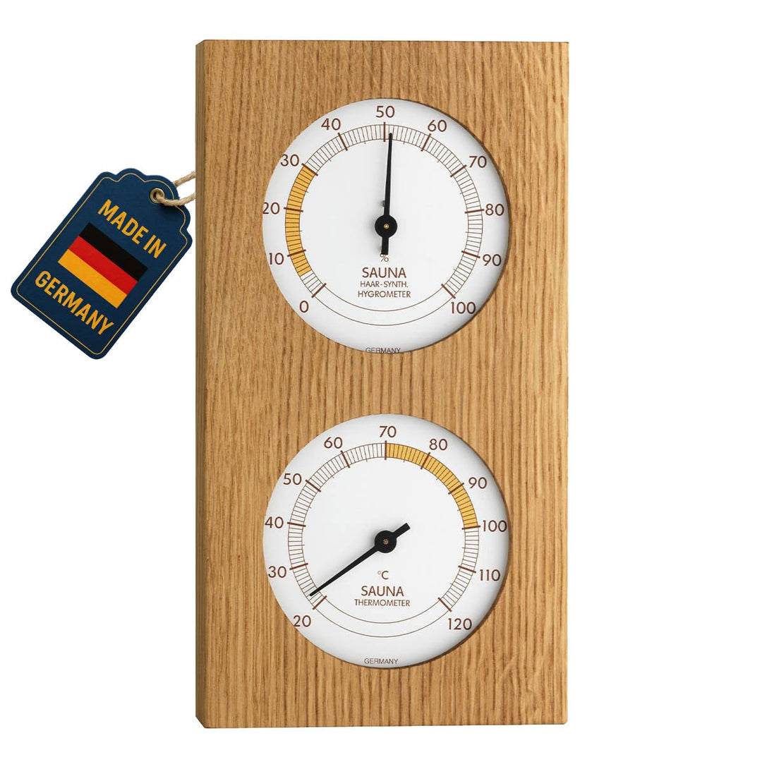TFA Dostmann Analoges Sauna-Thermo-Hygrometer, mit Eichenrahmen, Temperatur, Luftfeuchtigkeit, hitze