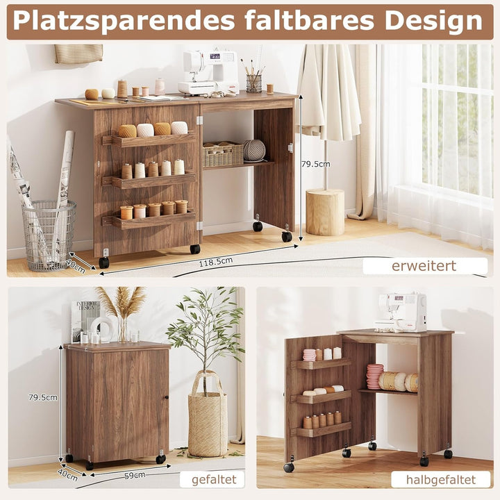 GIANTEX Nähtisch klappbar, Nähmaschinentisch auf Rollen, Nähtisch für Nähmaschine, Nähschrank Holz,