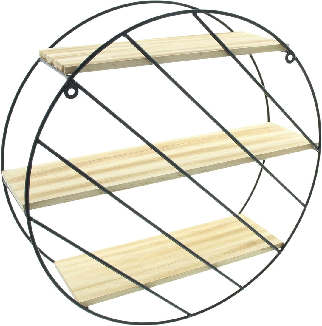 Dekoleidenschaft Wandregal Circle aus Metall schwarz, 3 Holzböden, Hängeregal rund, Dekoregal, Wandd