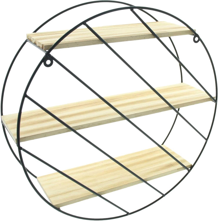 Dekoleidenschaft Wandregal Circle aus Metall schwarz, 3 Holzböden, Hängeregal rund, Dekoregal, Wandd