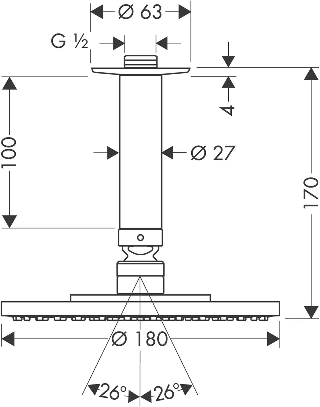 hansgrohe Raindance S 180 Air Duschkopf, Kopfbrause für Deckenmontage, Chrom Deckenanschluss Chrom D