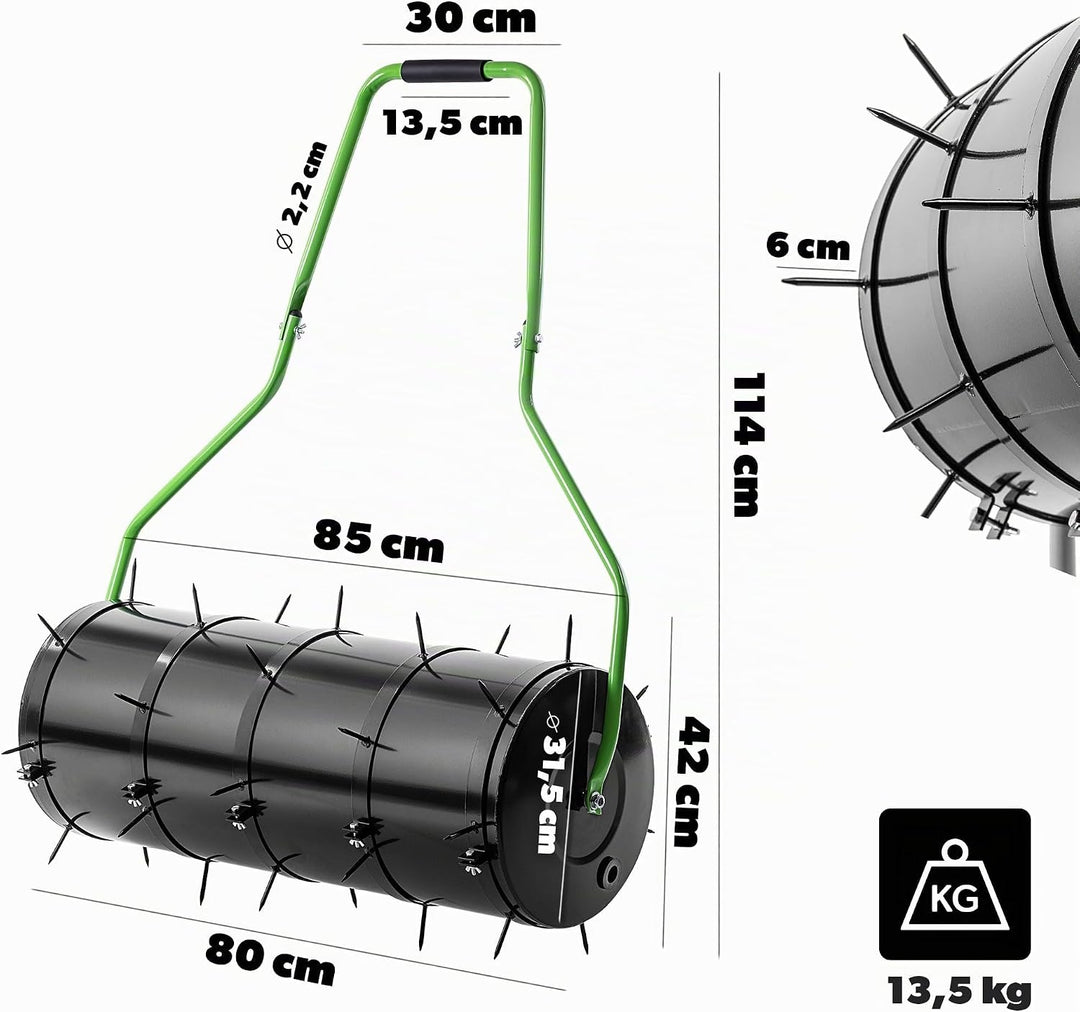 KADAX Rasenlüfter Walze 80 cm, Befüllbar mit Wasser oder Sand, Rasenwalze mit 6 cm Nägeln, Rasenbelü