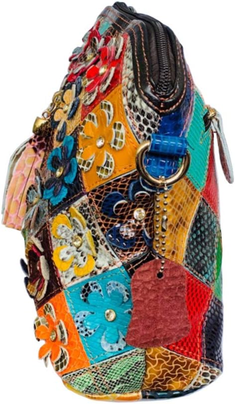 Segater® Mehrfarbig Floral Rind Leder-Umhängetasche für Damen, Vintage Rindsleder Handtasche Blumenm