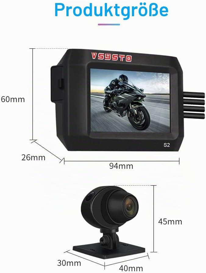 VSYSTO Motorrad-Dashcam, Duale 1080P-Front- und Rückfahrkamera 3-Zoll-IPS-Bildschirm 140 ° Weitwinke