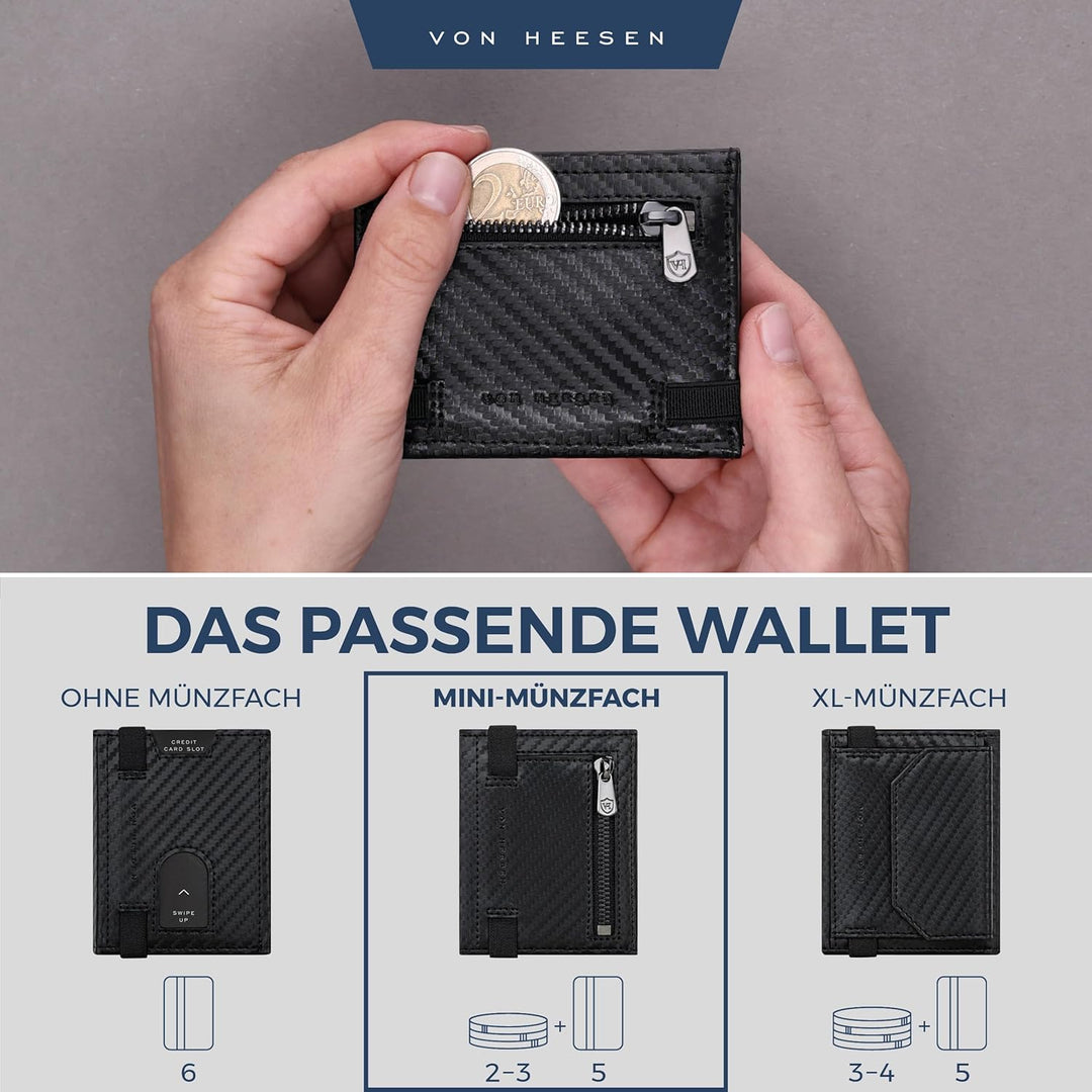 VON HEESEN Slim Wallet mit Münzfach & RFID-Schutz - Leder Geldbeutel - Mini Geldbörse für Herren und