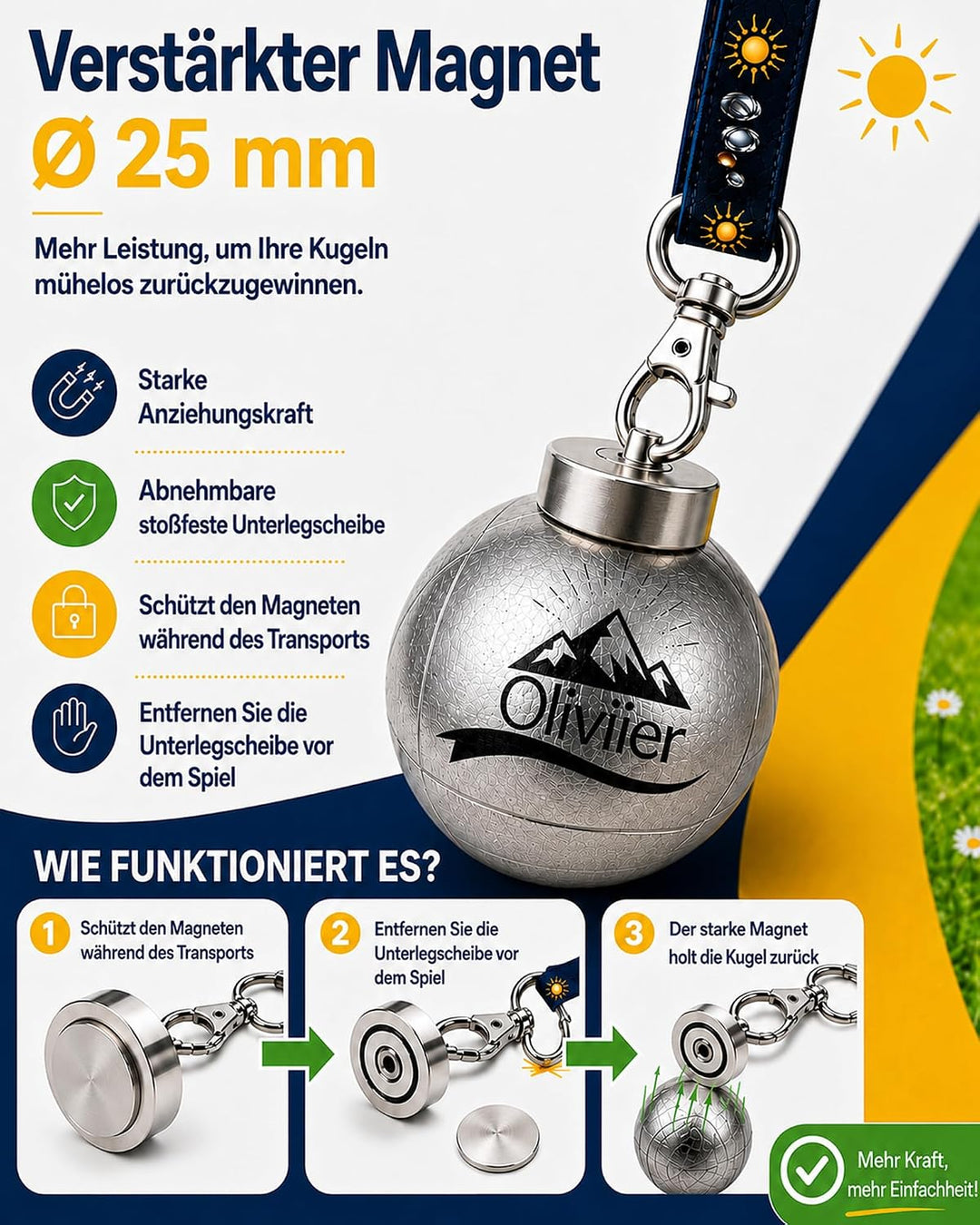 Pétanque-Kugeln, magnetisch, mit Magnet 2,5 cm und Schutzscheibe, Petanque, Zubehör, Riemen 65 cm, m