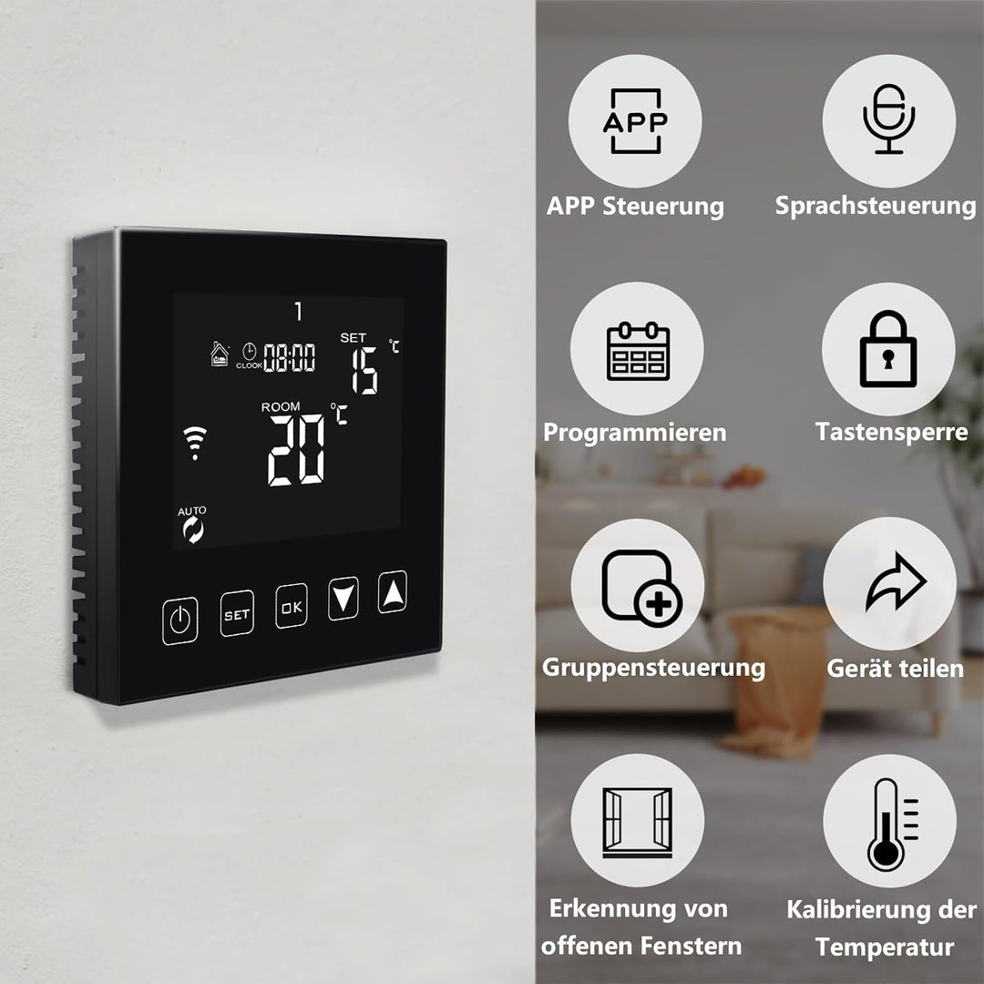 KETOTEK Elektrische Fussbodenheizung Thermostat WiFi 16A Alexa Google Assistant Kompatibel, WLAN Rau