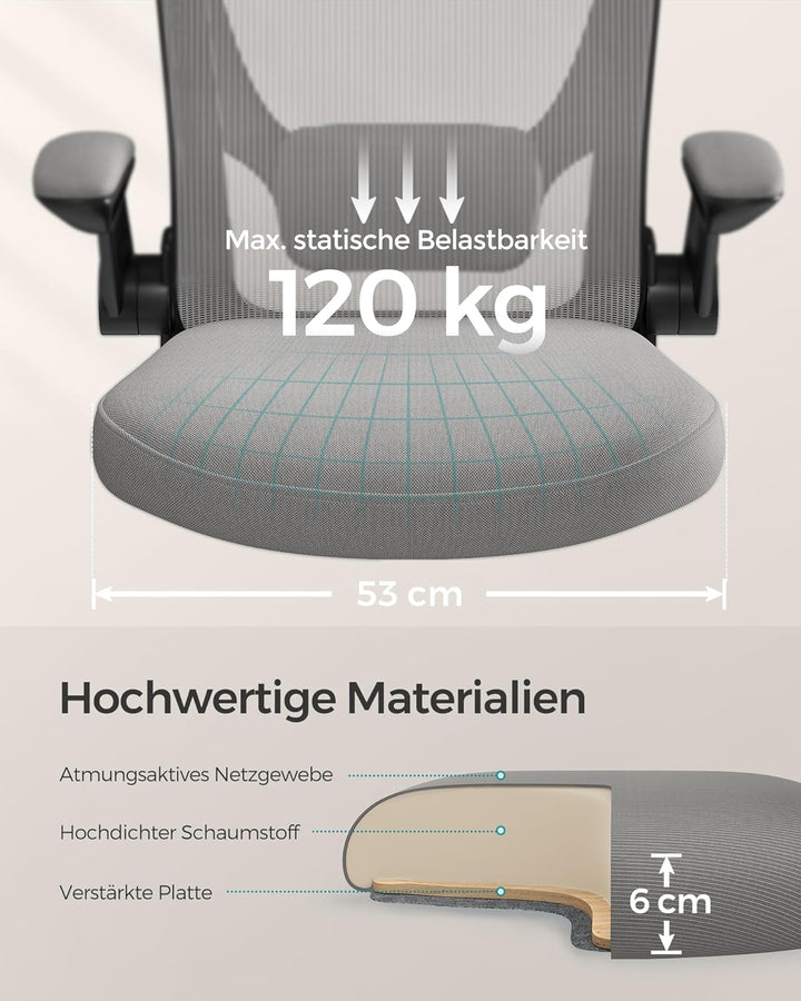 SONGMICS Bürostuhl ergonomisch, Drehstuhl mit Mesh, Lendenstütze, Wippfunktion, 53 cm grosse Sitzflä