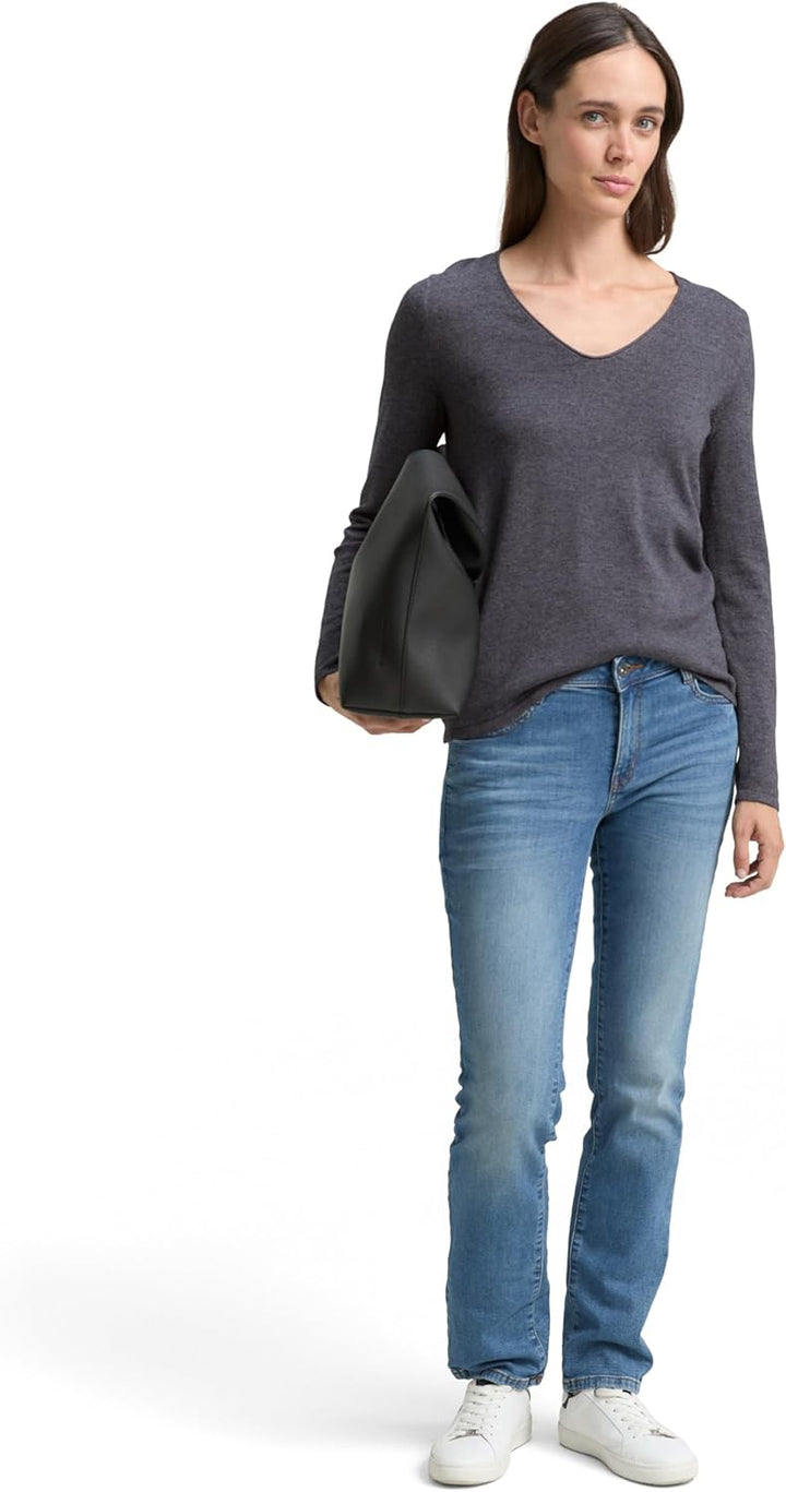 TOM TAILOR Damen Basic Strickpullover mit V-Ausschnitt XS 30281 - Evident Anthracite Melange, XS 302