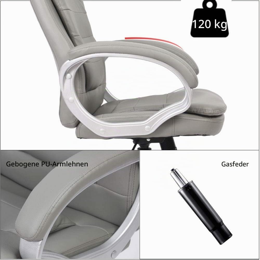 Melko Bürostuhl ergonomisch Bürodrehstuhl mit Armlehne Gamingstuhl Grau PU-Leder Chefsessel 120 kg B