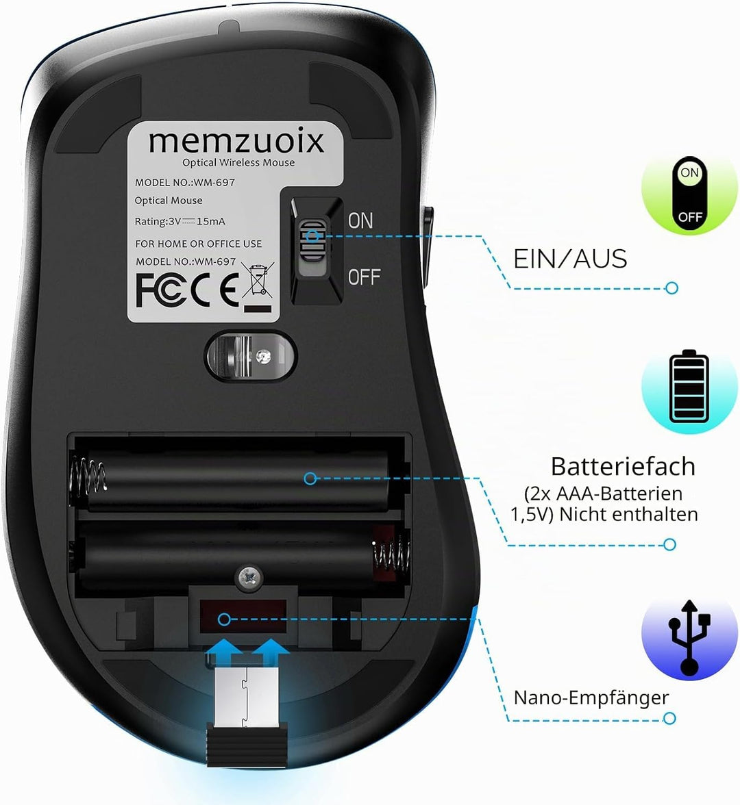 memzuoix Kabellose Maus 2.4GHz, Tragbare Optische Wireless Maus 1400 DPI mit Mini-USB-Empfänger, 5 T