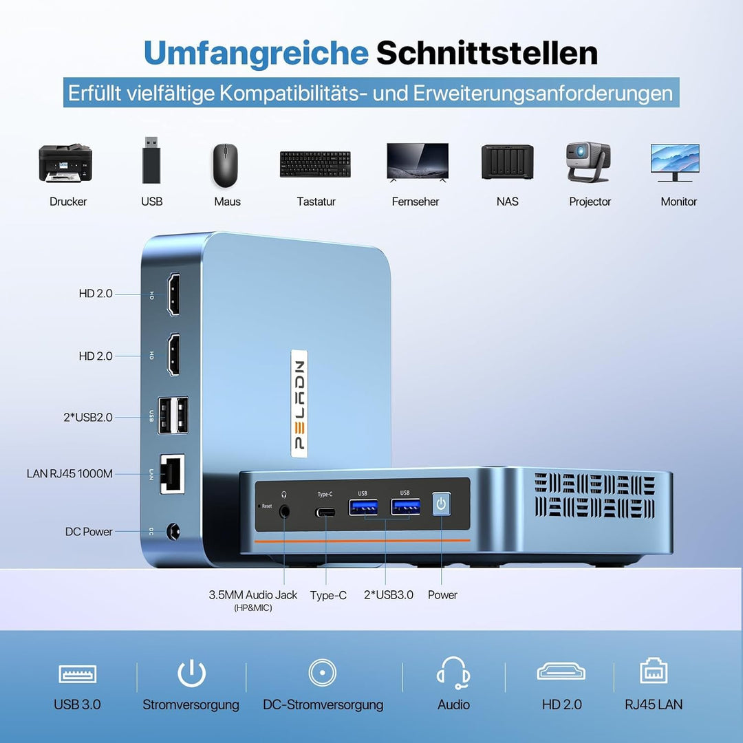 PELADN WI-6 Mini PC, 12th Gen N100 (bis zu 3,4 GHz), 16 GB DDR4 RAM, 512 GB M.2 SSD, 4K Dual Display