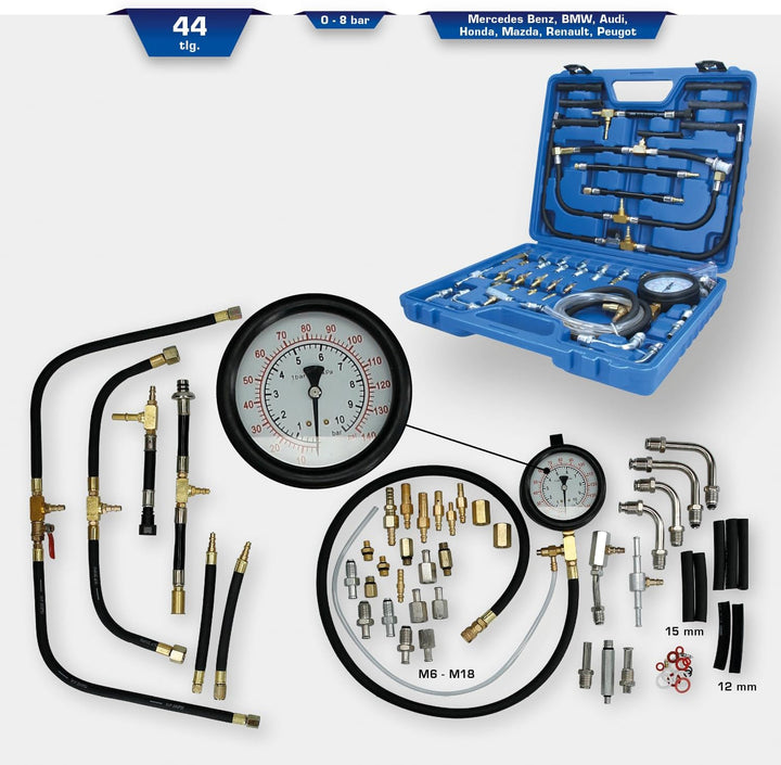 BRILLIANT TOOLS BT581400 Benzindruck-Prüfer-Satz, 0 - 8 bar, 44-tlg [Powered by KS TOOLS]