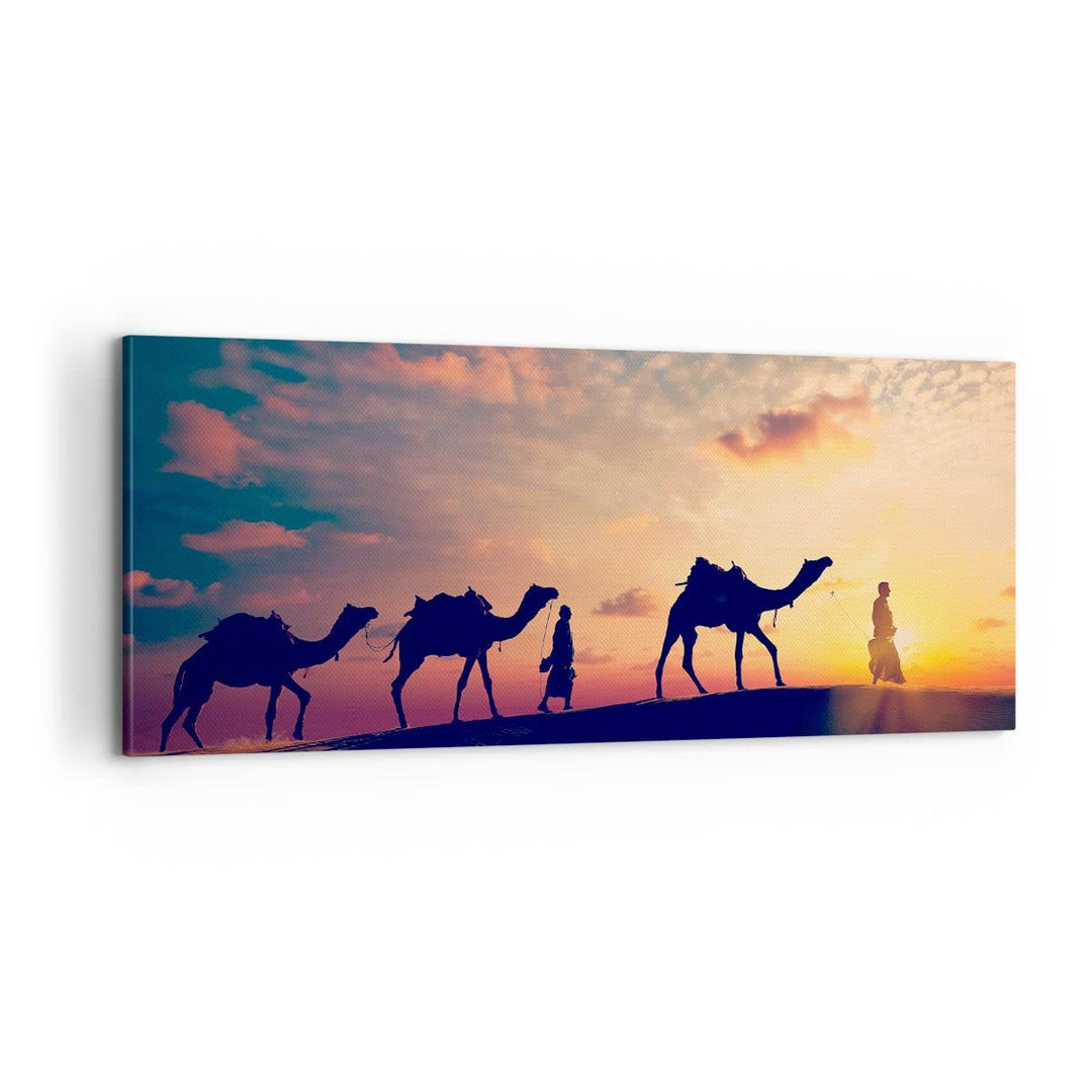 Panorama Bilder auf Leinwand 100x40cm Leinwandbild mit Rahmen Kamel Wohnwagen Gross Wanddeko Bild Sc