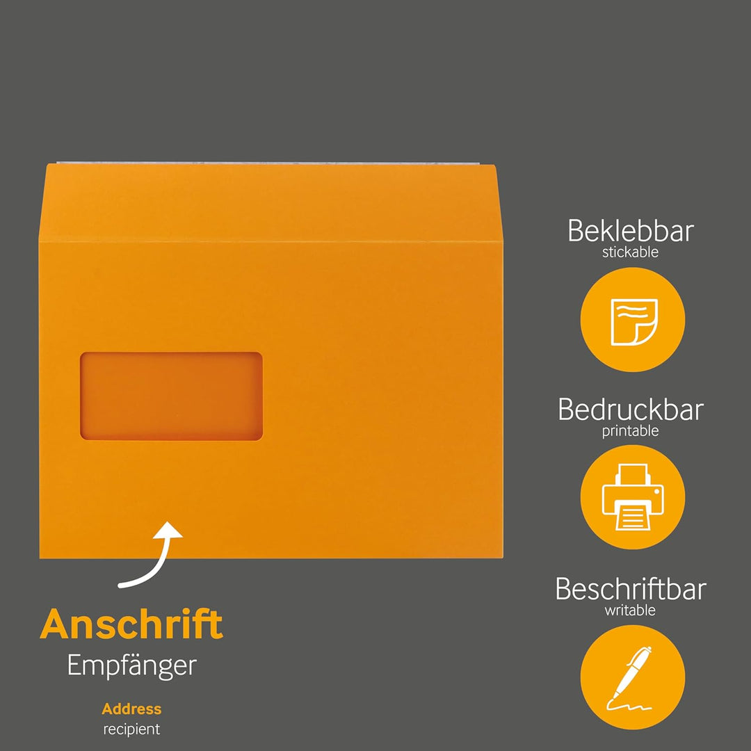 Farbige Briefumschläge - Orange ~162 x 229 mm (DIN C5) | 130 g/qm Colorista | Mit Fenster | Haftkleb