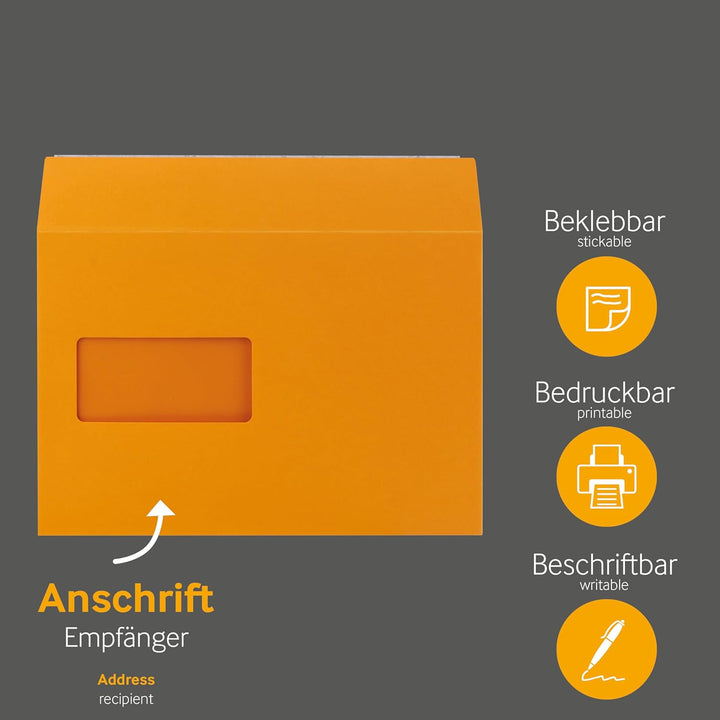 Farbige Briefumschläge - Orange ~162 x 229 mm (DIN C5) | 130 g/qm Colorista | Mit Fenster | Haftkleb