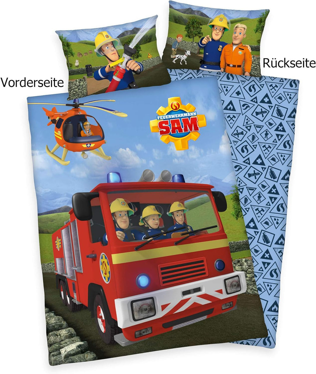 Herding FEUERWEHRMANN SAM Bettwäsche-Set, Wendemotiv, Kopfkissenbezug 40 x 60 cm, Bettbezug 100 x 13
