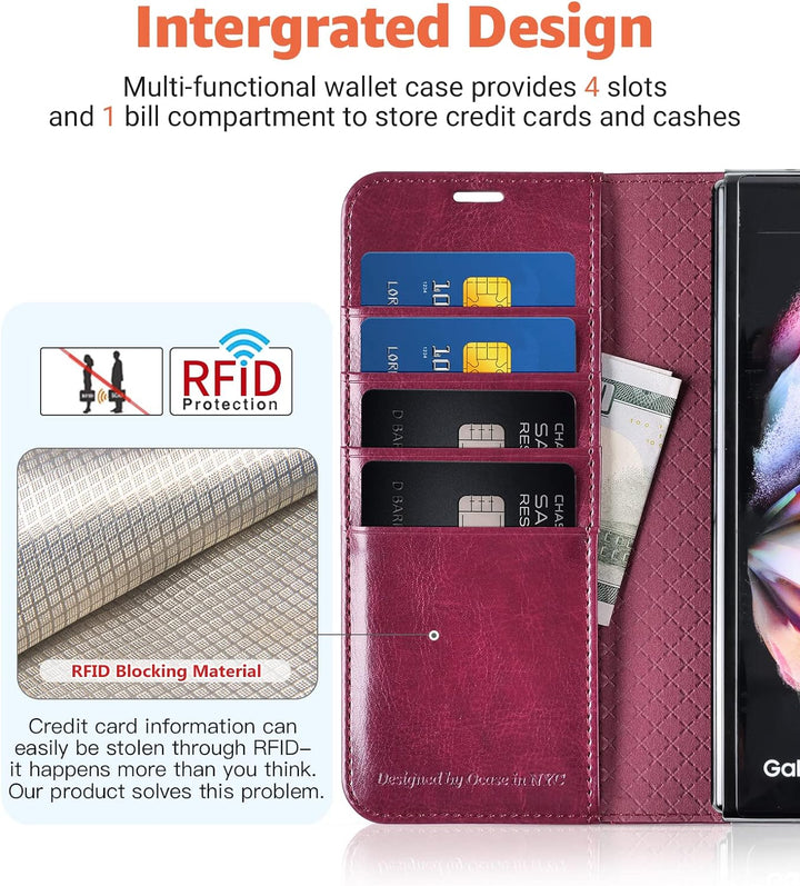 OCASE Hülle Samsung Galaxy Z Fold 3 5G Handyhülle mit S Pen Halter [Premium PU Leder] [Kartenfach] C