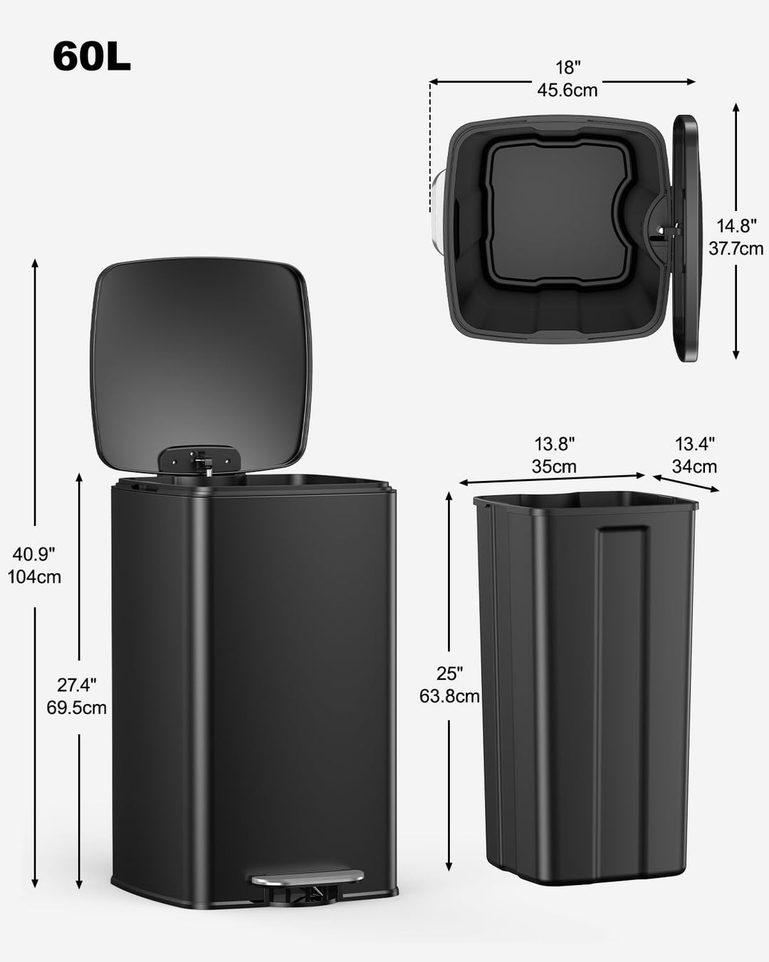 lovewind Mülleimer Küche 60L, Edelstahl Tretmülleimer mit Soft-Close Deckel, Herausnehmbarer Innenei