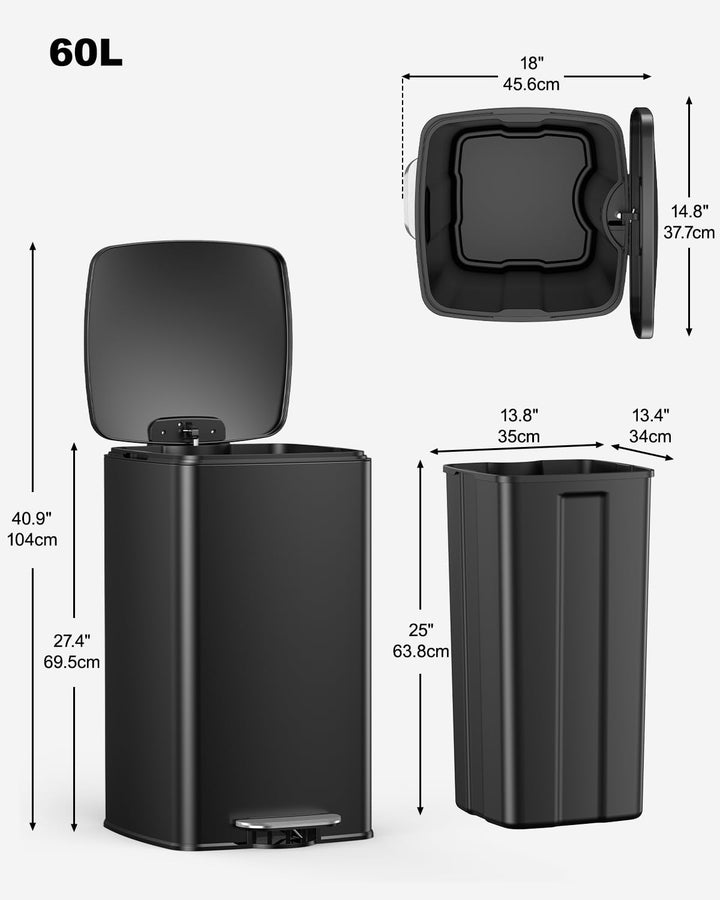 lovewind Mülleimer Küche 60L, Edelstahl Tretmülleimer mit Soft-Close Deckel, Herausnehmbarer Innenei