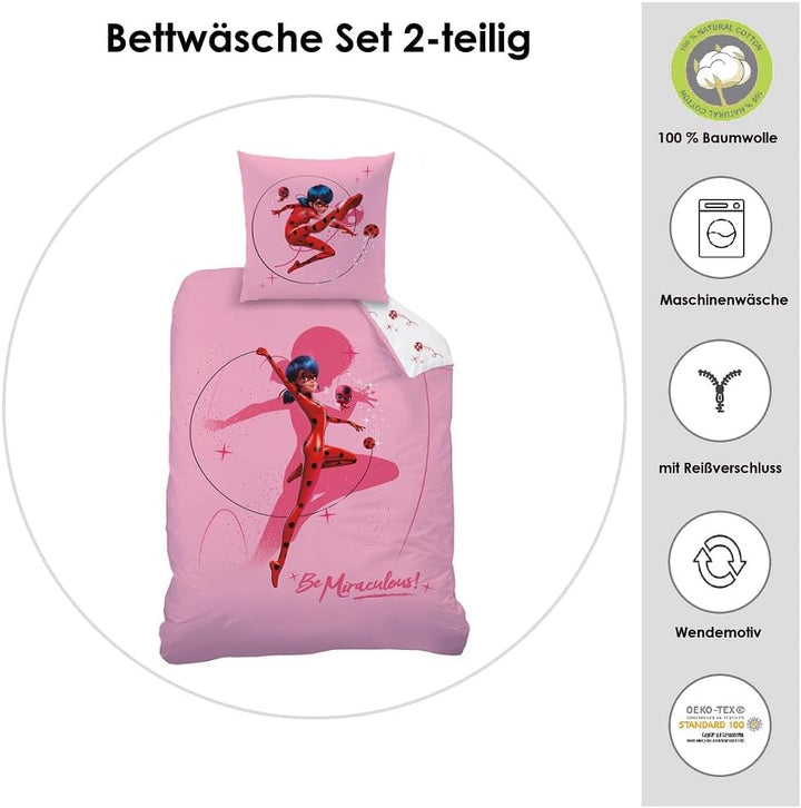 Familando Miraculous Ladybug Bettwäsche-Set 135x200 80x80 cm · Kinderbettwäsche aus 100% Baumwolle m