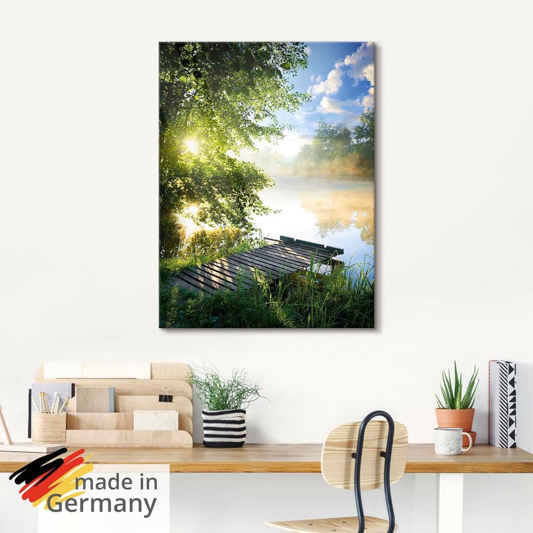 Glasbilder Wandbild Glas Bild einteilig 45x60 cm Hochformat Natur Landschaft Wald Baum See Steg Somm