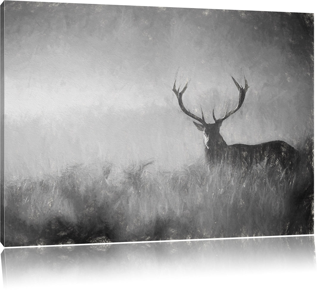 Pixxprint Rotwild Hirsch im Nebel Kunst als Leinwandbild/Grösse: 100x70 cm/Wandbild/Kunstdruck/ferti