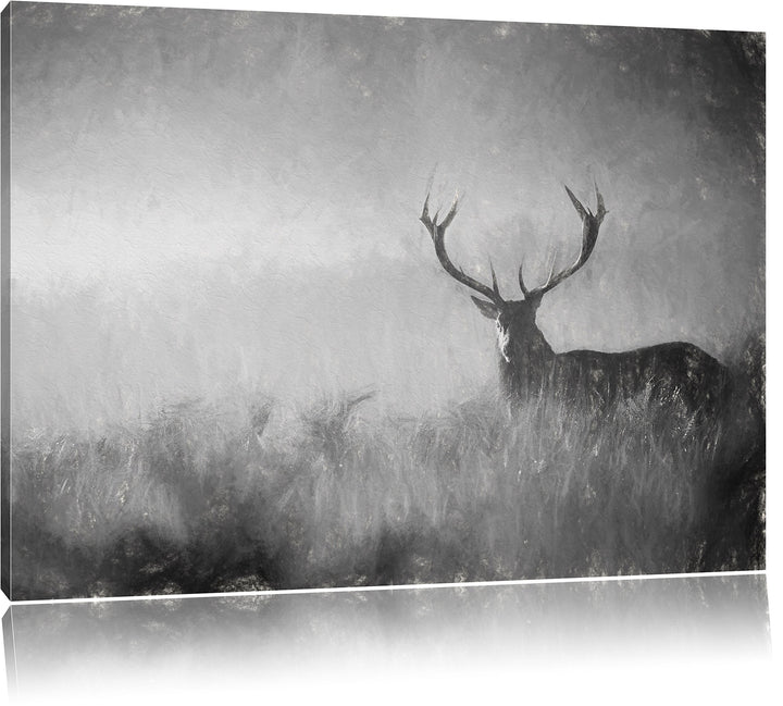 Pixxprint Rotwild Hirsch im Nebel Kunst als Leinwandbild/Grösse: 100x70 cm/Wandbild/Kunstdruck/ferti