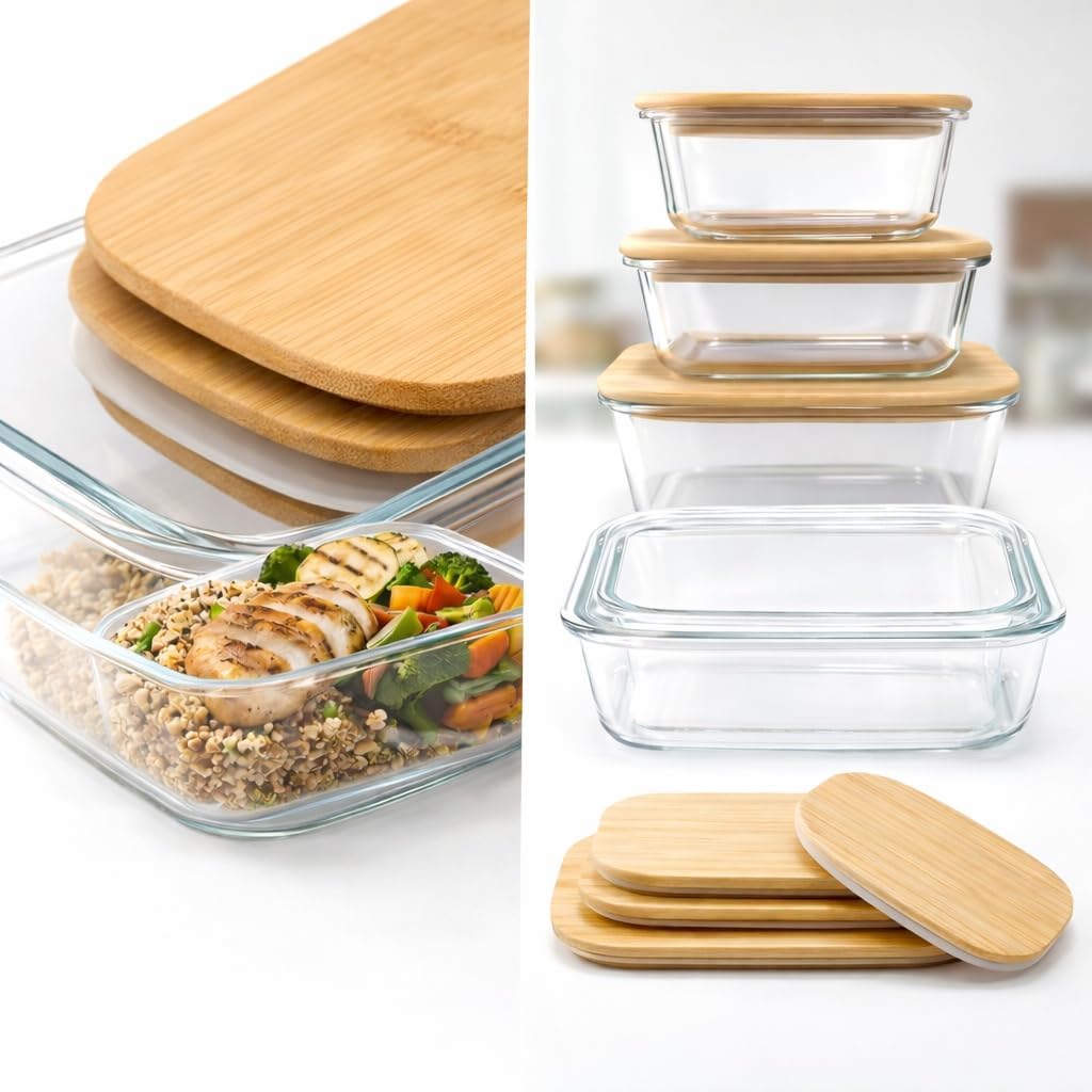 Visario Frischhaltedosen Glas 4er Set – 370, 640, 1050 & 1520 ml Vorratsdosen mit Bambusdeckel | Bor