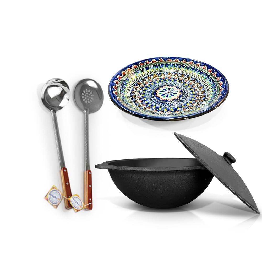 Set - Kasan Usbekisch Gusseisen 12L runder Boden, Deckel, Schaumlöffel, Schöpfkelle für Plov, Lagan