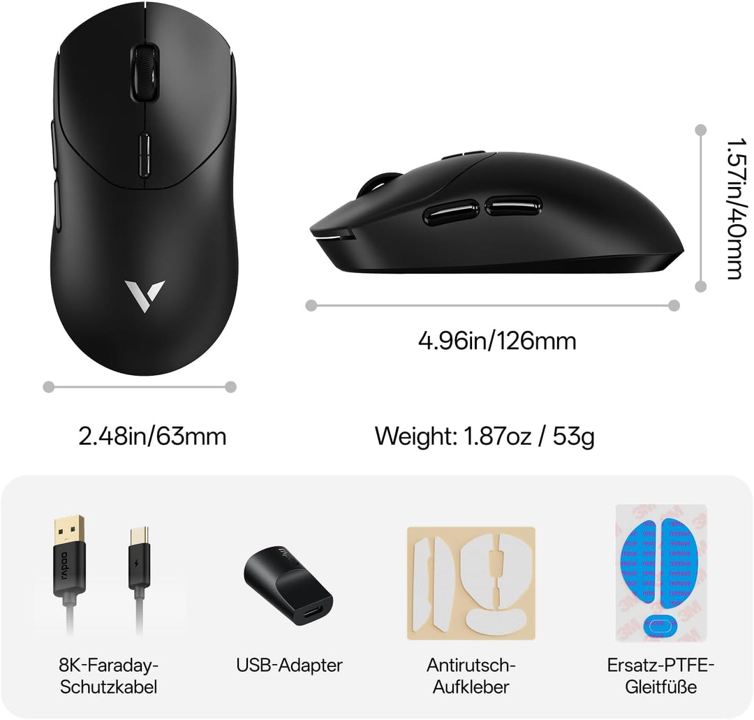 Rapoo VT2 Kabellose Gaming-Maus, 26K DPI Sensor, echte 8000Hz Abfragerate, 53g Ultraleicht, 750 Std.