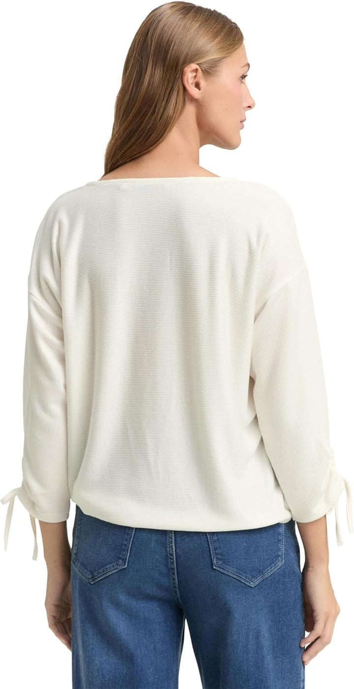 TOM TAILOR Denim Damen Loose Fit Longsleeve mit Streifen & Raffarm XS 10332 - Off White, XS 10332 -